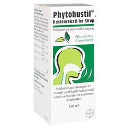 Eine Packung Hustensirup mit Pflanzenextrakt und einem Bild des Rachens.