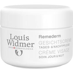 Weißer Cremetopf mit der Aufschrift "Louis Widmer Remederm Gesichtscreme Tages- & Nachtpflege".