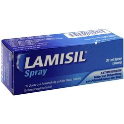 Blaue Verpackung von Lamisil Spray zur Behandlung von Hautpilz.
