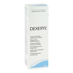 Weiße Packung mit der Aufschrift "Dexeryl", eine Pflegecreme gegen Hauttrockenheit.