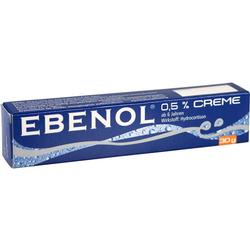 Blaue Verpackung einer Creme mit der Aufschrift "Ebenol 0,5%".