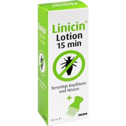 Grüne Packung eines Läusemittels namens Linicin, das Kopfläuse in 15 Minuten entfernen soll.