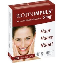 Eine Packung Biotin-Tabletten für Haut, Haare und Nägel.