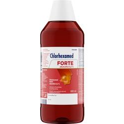 Rote Flasche mit Mundspülung, auf der "Chlorhexamed Forte alkoholfrei" steht.
